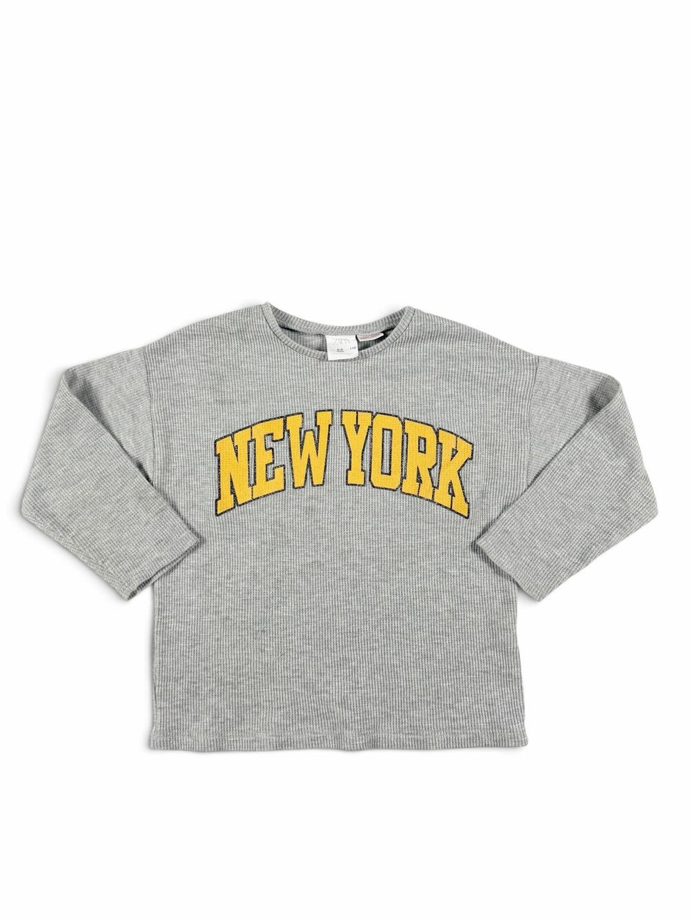 Zara Kids New York Waffle Knit Long Sleeve Shirt Gray Yellow 5-6 Years